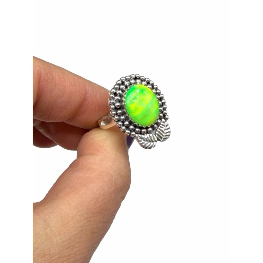 Lime Green Aurora Opal Ring Size 6.5 Solid 925 Sterling Silver Aura